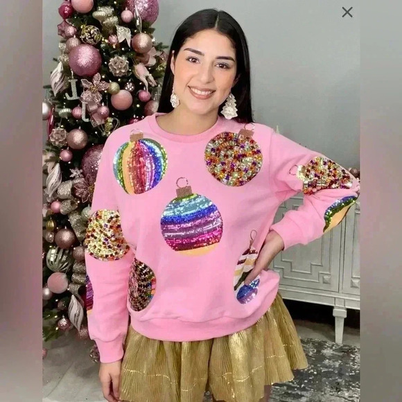 QUEEN OF SPARKLES Pink ORNAMENT SWEATER - RARE - Picture 1 of 4